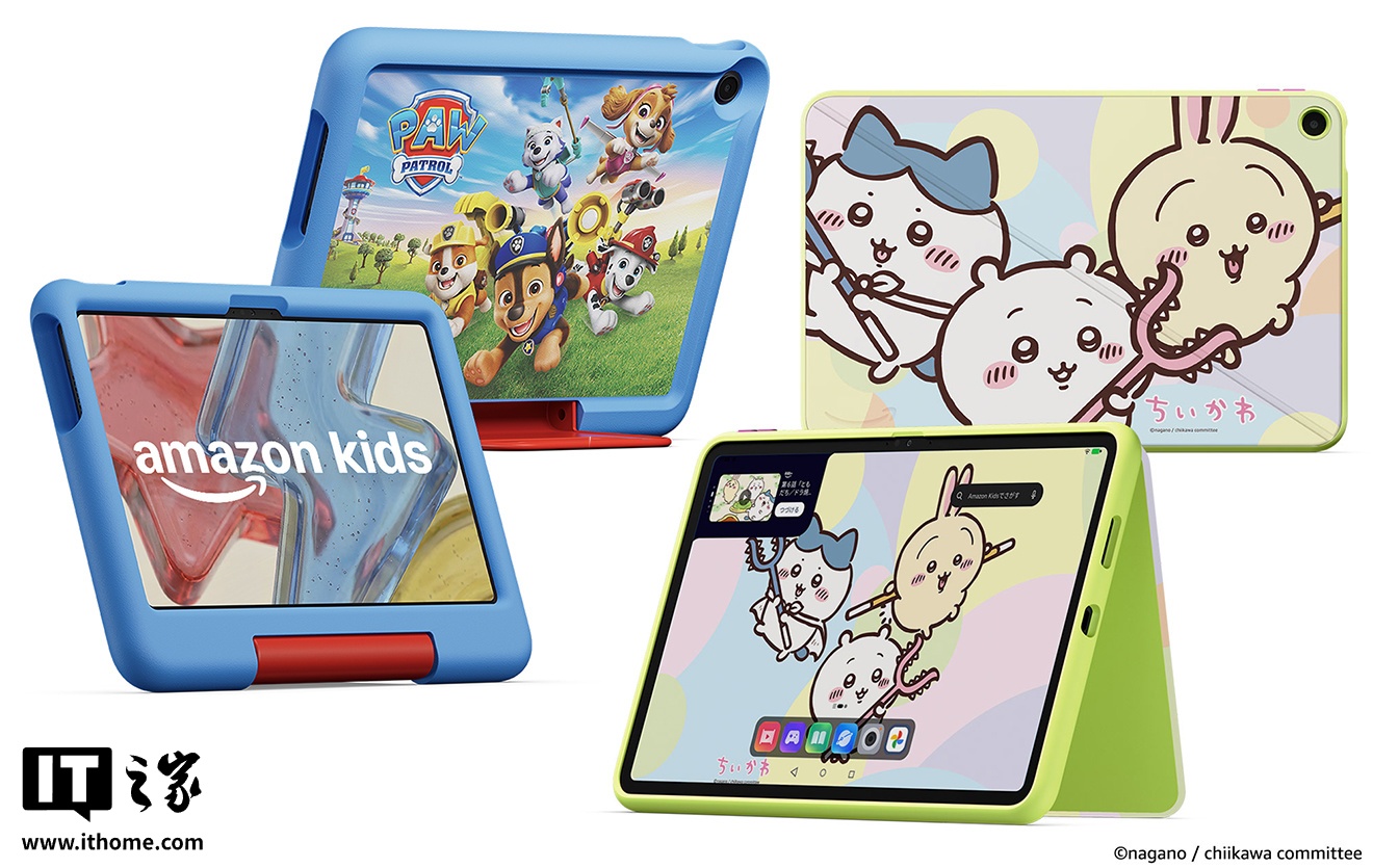 两款儿童平板的前后视图。左侧型号屏幕显示amazon kids标志,背面有狗图案。右侧型号屏幕与背面均展示相同的三个角色